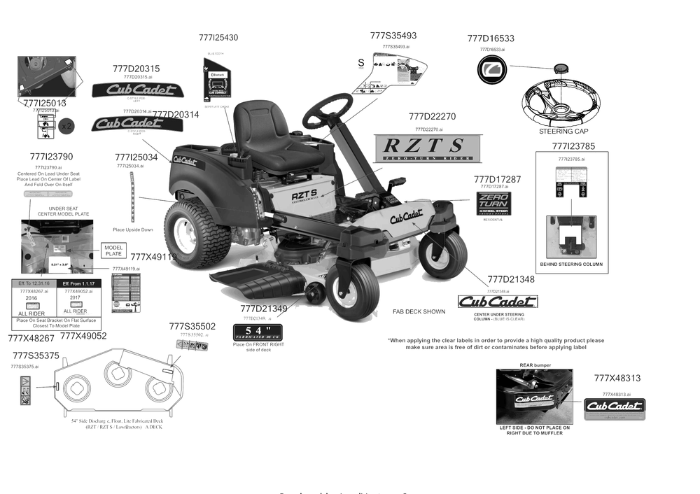 Label Map Diagram and Parts List for RZT-S54KW (17AICBDA010)(2017) Cub Cadet Lawn Tractor